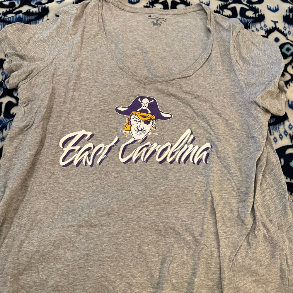 Champion Gray and Navy Logo Interior Tag Tee